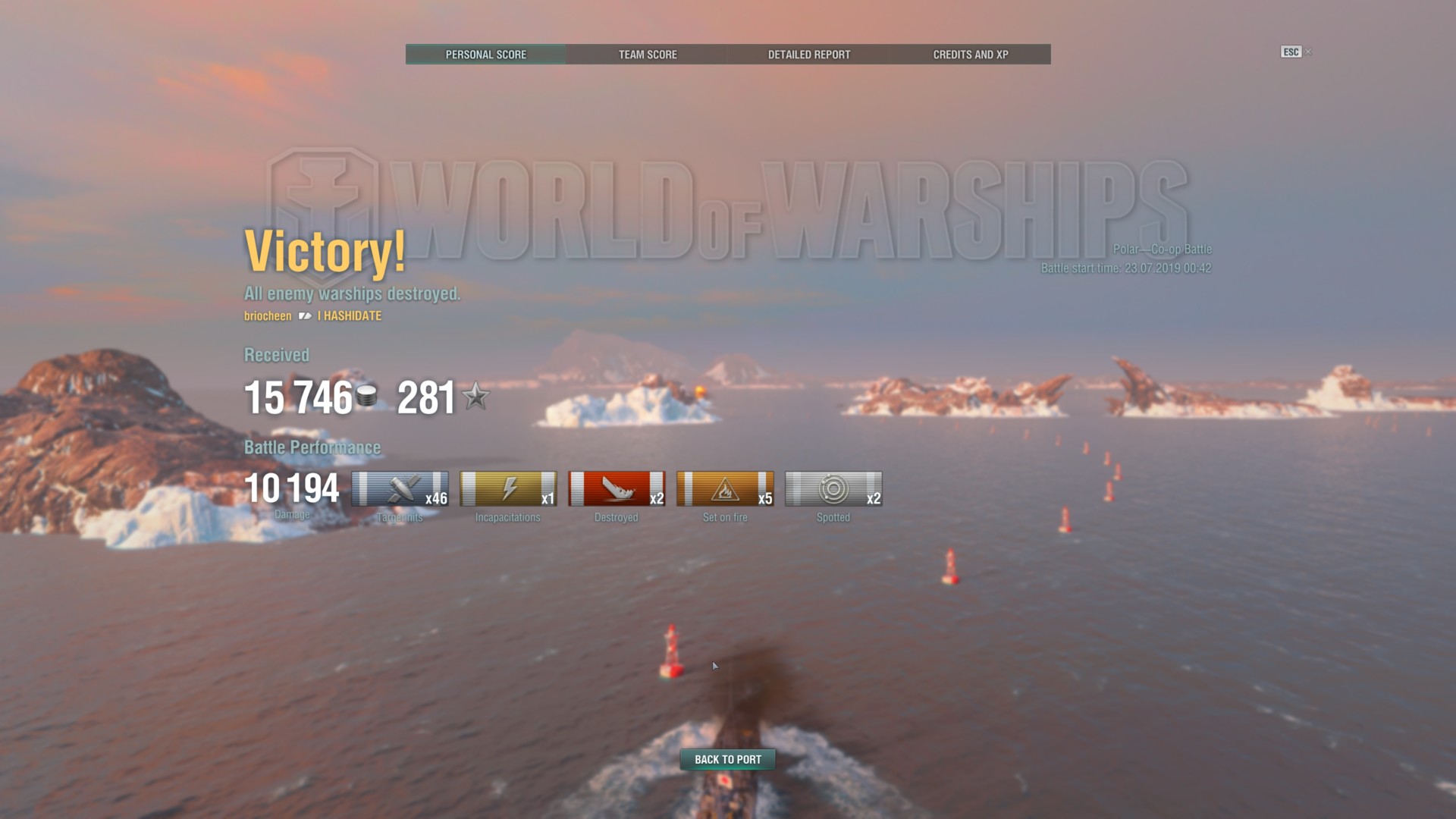 Victory screenshot of World of Warships video game interface.