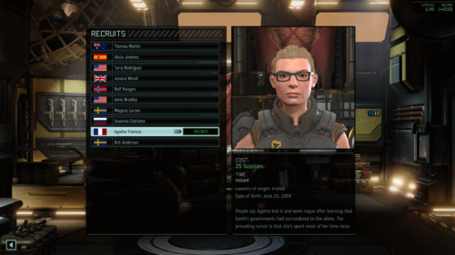 Recruits screenshot of XCOM 2 video game interface.
