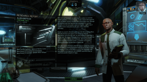 Research report screenshot of XCOM 2 video game interface.