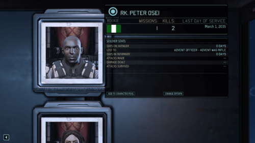 Soldier stats screenshot of XCOM 2 video game interface.