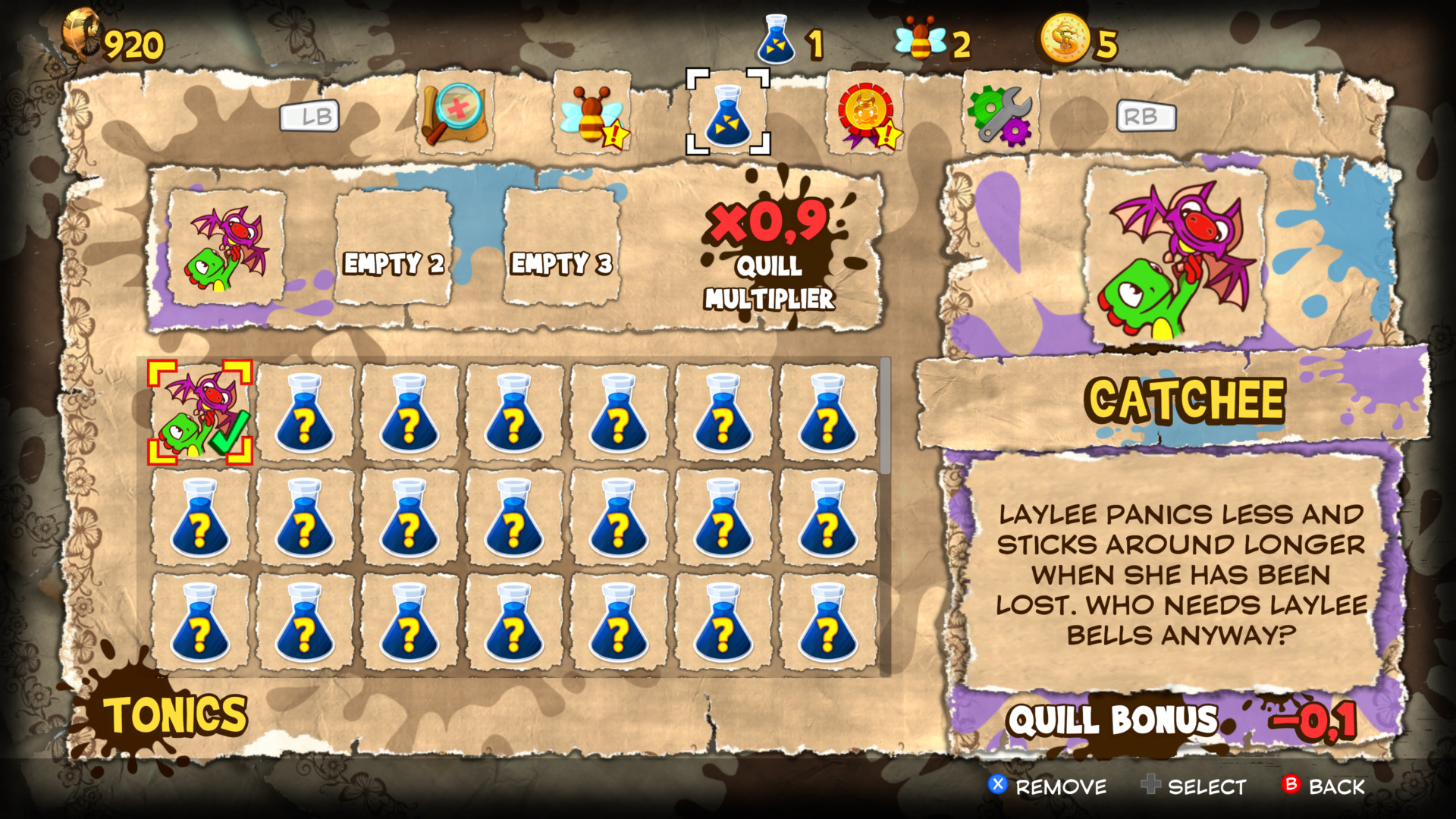 Tonics screenshot of Yooka Laylee and the Impossible Lair video game interface.
